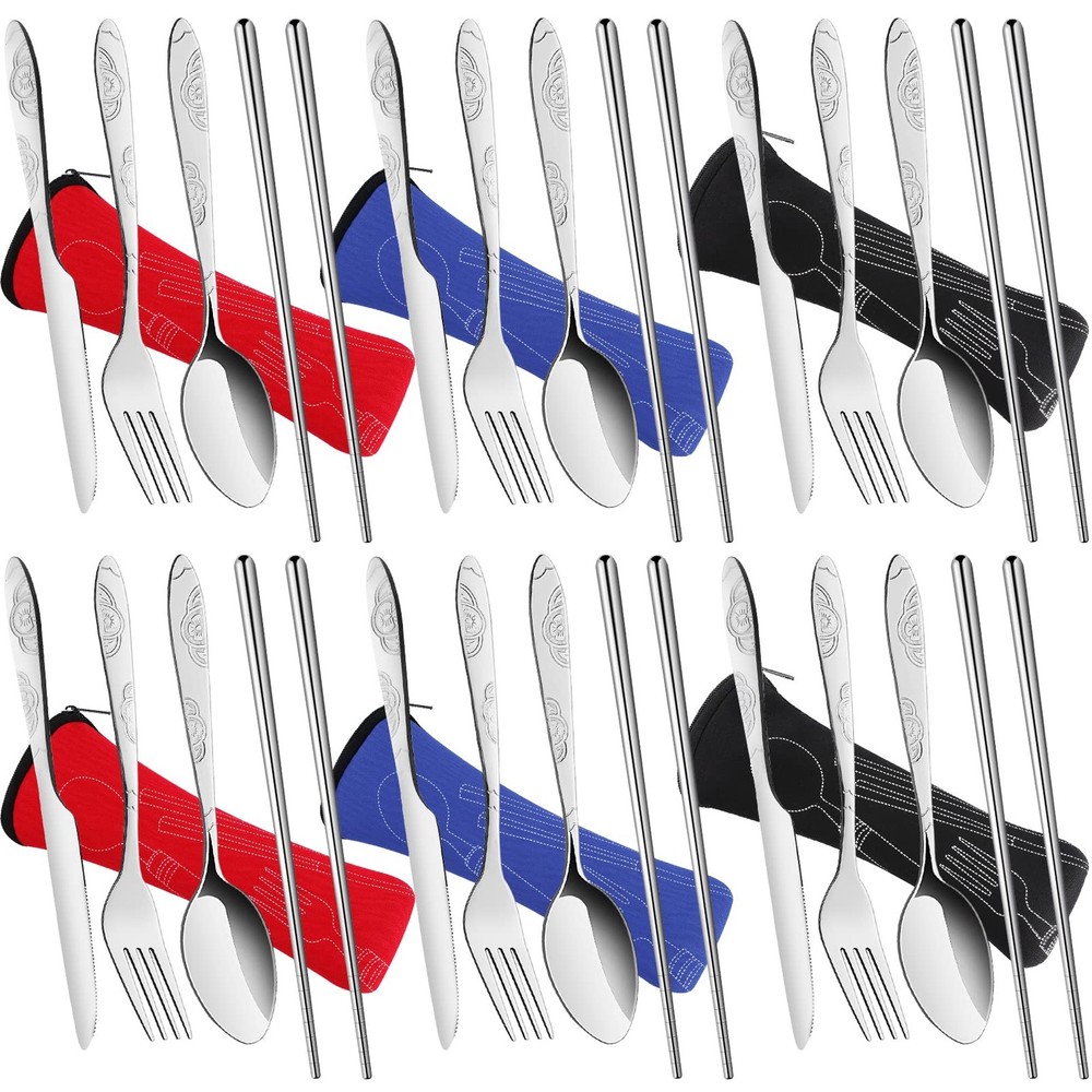 6 Pack Reusable Flatware Sets Spoon,Fork,,Chopsticks,24Pcs Portable Silverwar...