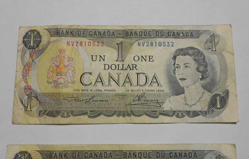 2 1973 One Dollar Notes Bills Canada Lot