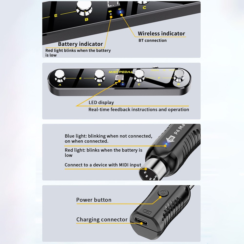 Wireless MIDI Controller Pedal 5 Modes Digital Display 25Hrs USB VCLF