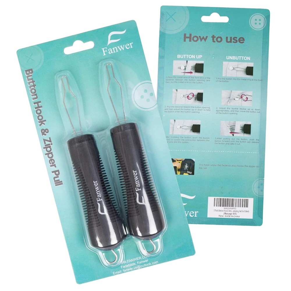 Button Hook and Zipper Pull Helper 2 Pack | Comfortable Grip Tool for Seniors