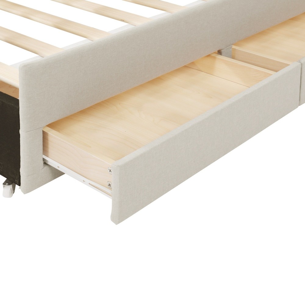 Full Size Bed Frame Linen Upholstered Platform Bed w/ Trundle Bed & 3 Drawers