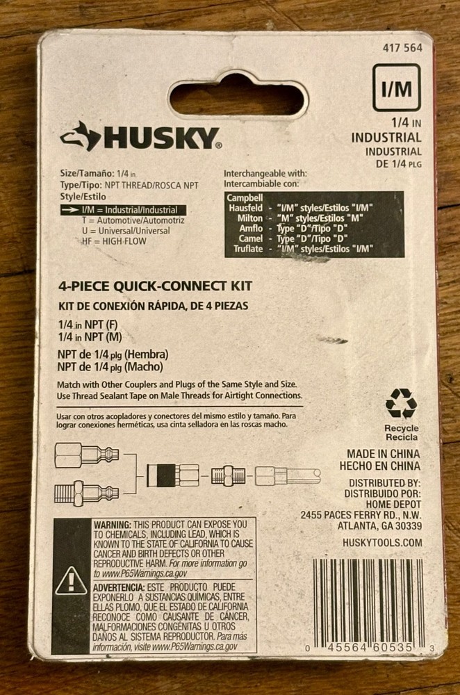 New In Package Husky 4 Piece Quick Connect Kit 417564