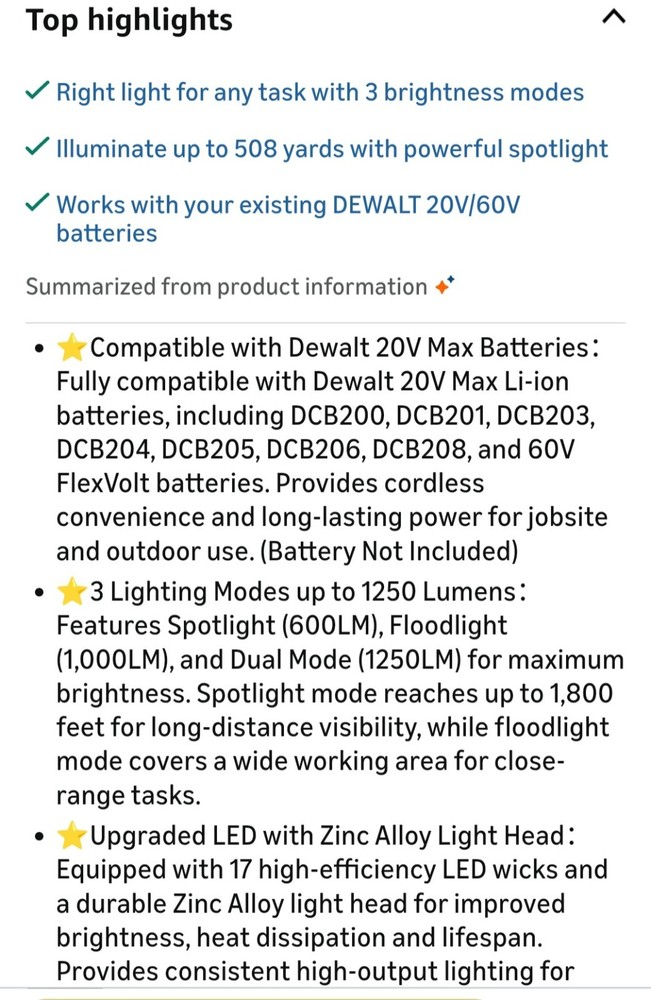 DTEZTECH LED Flashlight for Dewalt 20V Max Battery -NEW IN ORIGINAL BOX