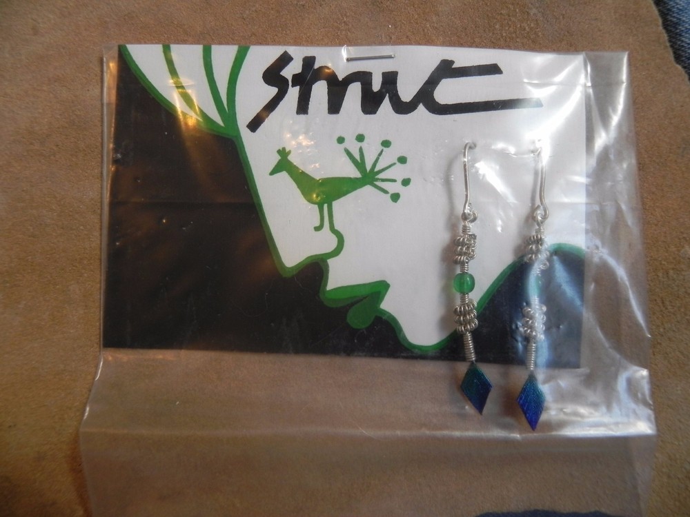 Strut~Triangle Shaped PEACOCK FEATHER, Silver Coil & Green Bead Earrings-NEW