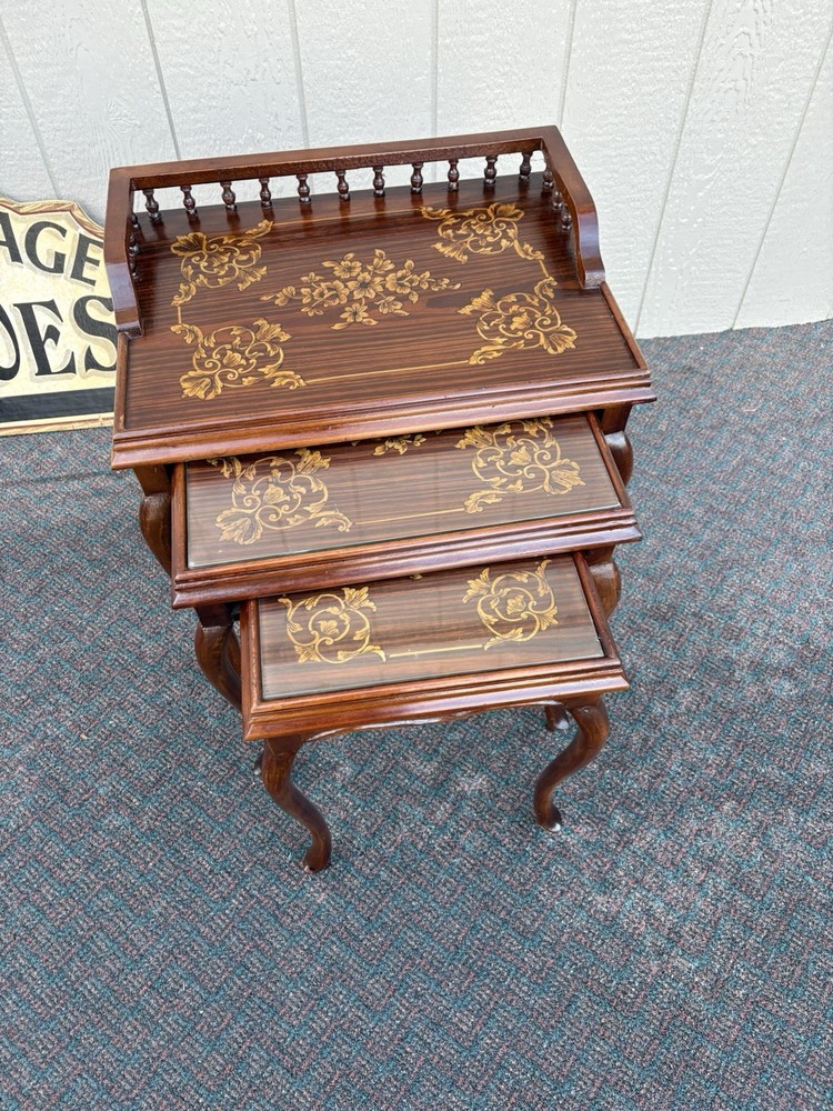 67334 Inlaid Mahogany 3 Stack Table Set with Gallery