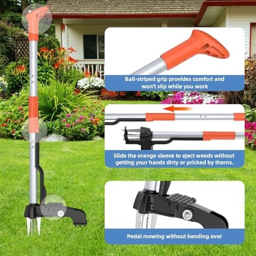Heavy Duty Stand Up Weed Puller Tool - Long Handle Weeder with 4 Claws, Root Rem