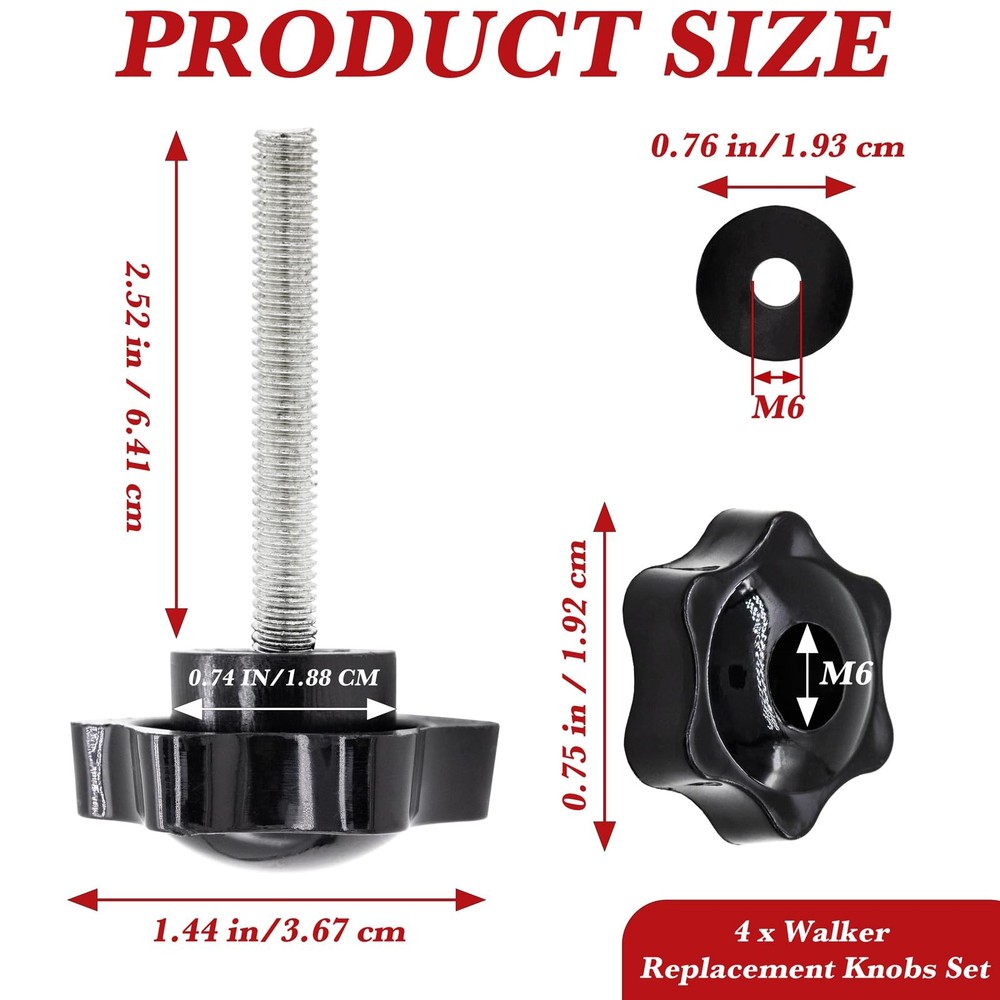 4 Set Replacement Arm Adjustment Knobs Rollator Walker Black