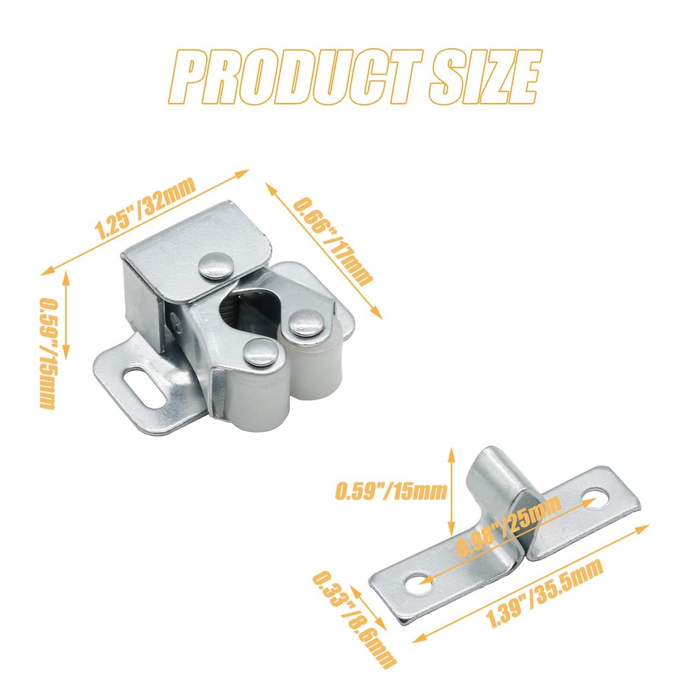 4 Pack Double Roller Cabinet Catch Latches Heavy Duty for Doors Silver