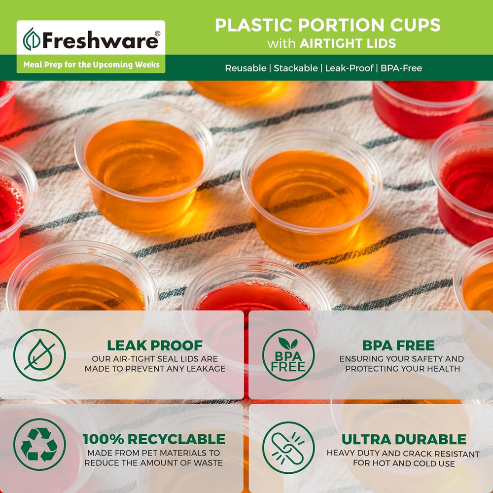 Freshware Plastic Portion Cups with Lids [2 Ounce, 200 Set] Disposable Plastic C