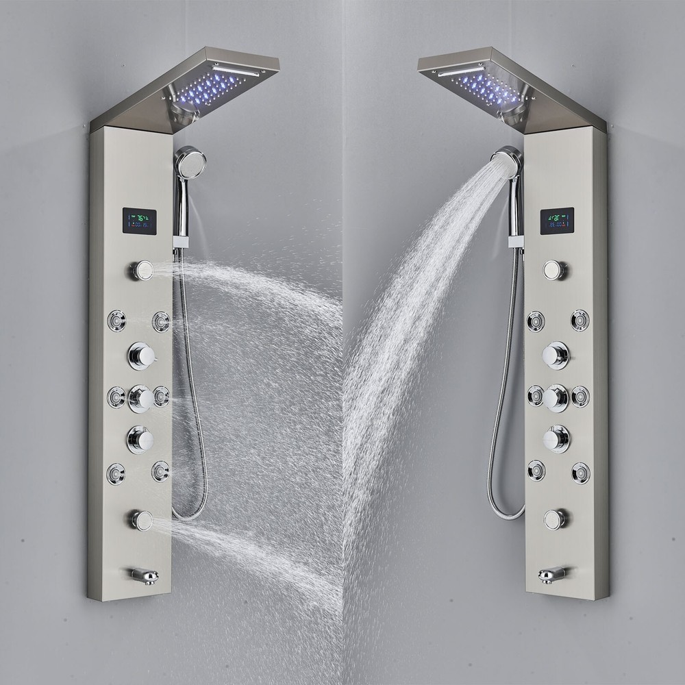 Rain&Waterfall LED Light Shower Panel Tower System Massage Jet Brushed Nickel