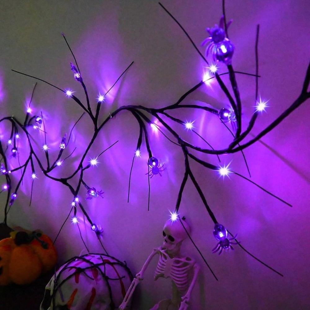 6FT Halloween Spider LED Willow Branch Lights, Artificial Willow Vine Light with