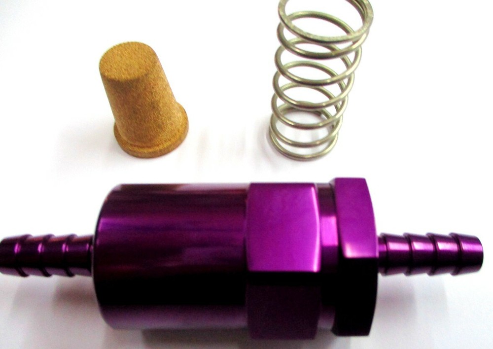 Fuel Filter, Billet inline cleanable element  3/8" Barbed Polish Purple Alum