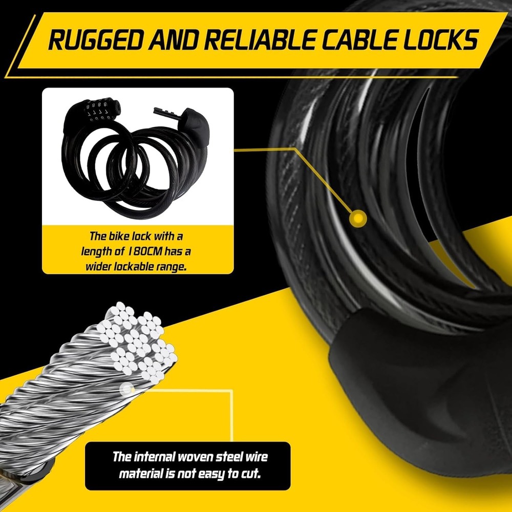 Bike Cable Lock 6FT Long, 4 Digit Resettable Combination Lock, Heavy Black