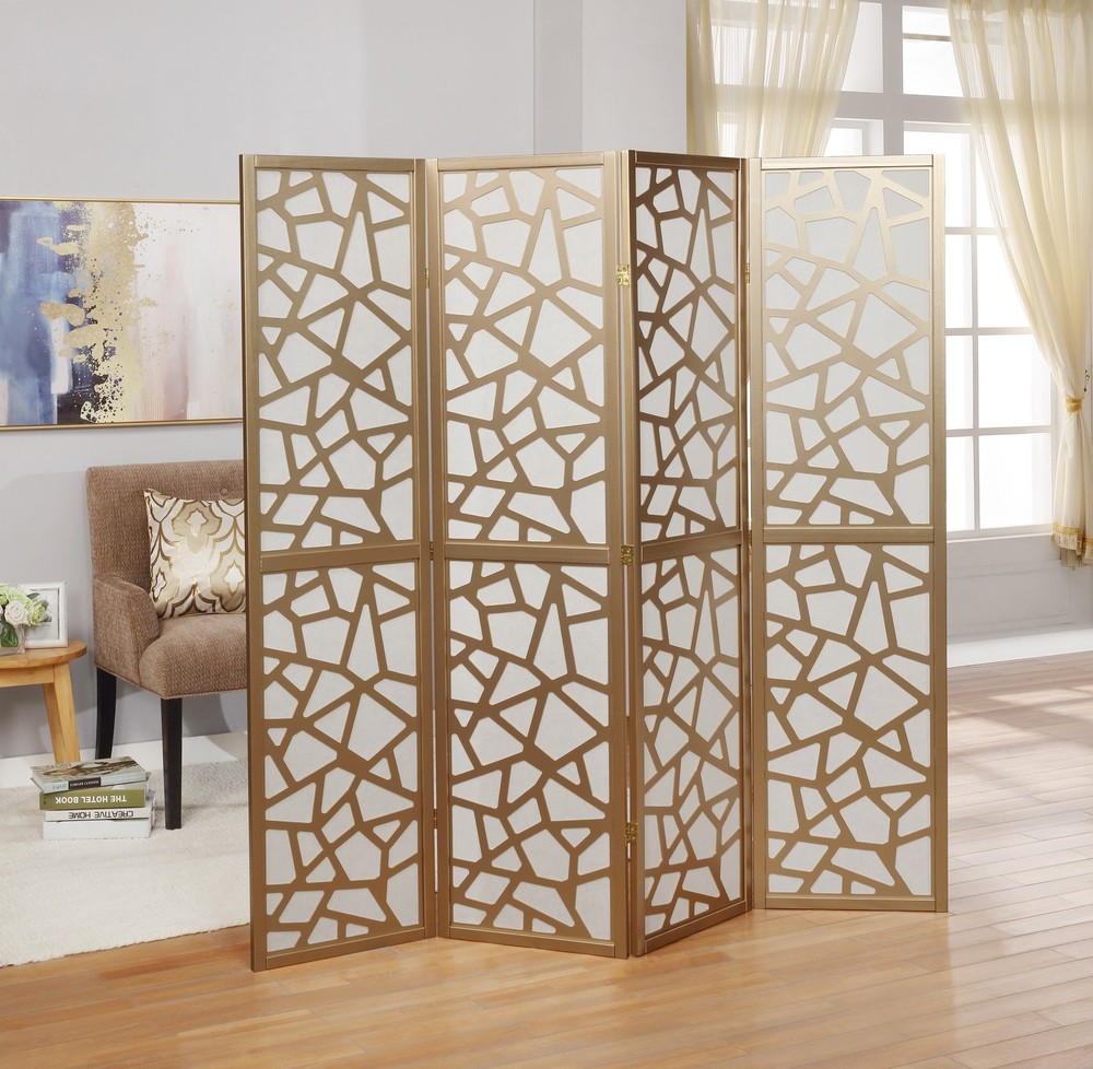 4-Panel Gold Room Divider Screen, Modern Geometric Folding Privacy Screen