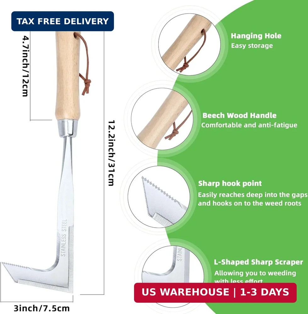 Crack Weeder, Stainless Steel Crevice Weeding Tool, L-Shaped Side-Walk Weed Pull