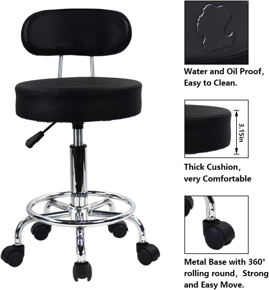 PU Leather Rolling Stool Mid-Back with Footrest Height Adjustable Office Compute