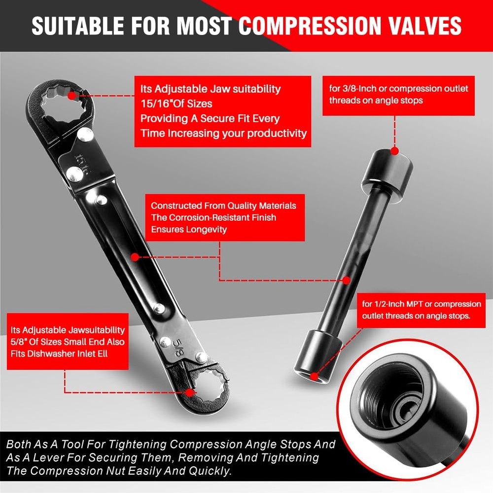 Angle Stop Wrench Kit Plumbing Tool For Compression Stops Nuts Black