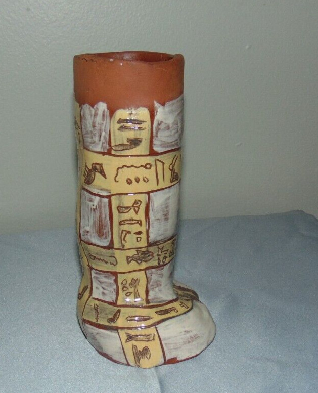 Red Clay Pottery Hieroglyphs Signed Smock Southwester Boot Shaped
