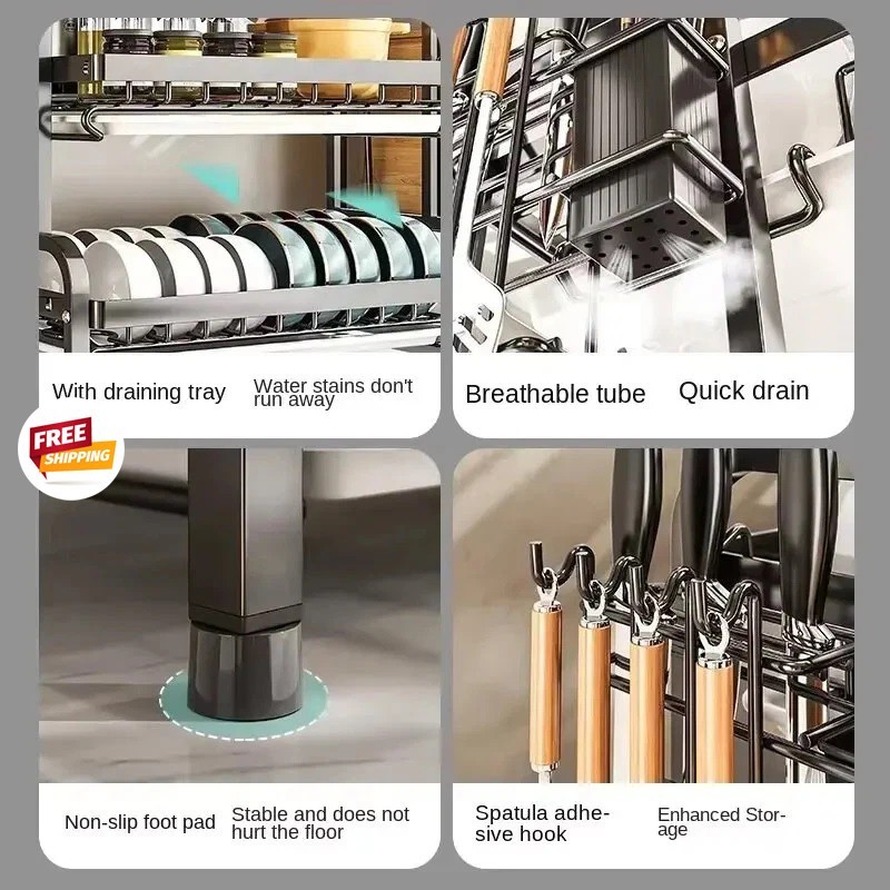 Dish Drying Rack 2-Tier Compact Kitchen Dish Rack Drainboard Set Large Rust-Proo