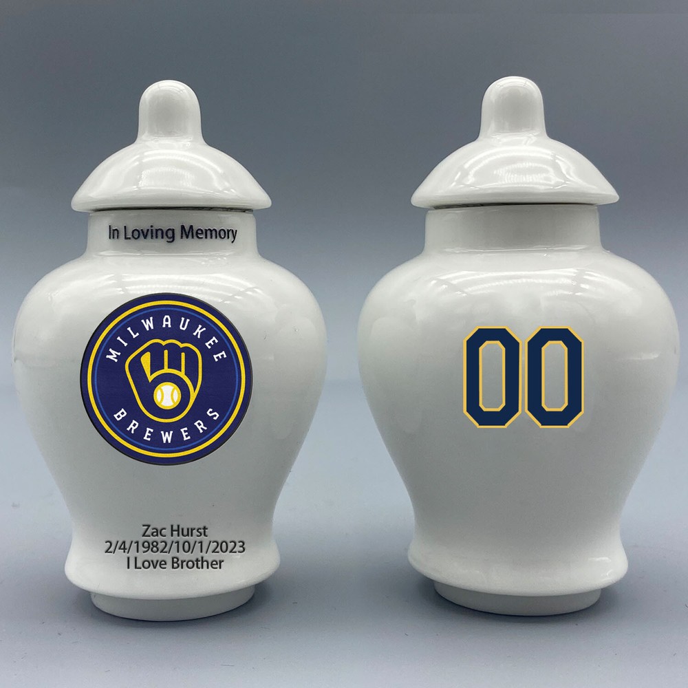 Ceramic Baseball Urn – Milwaukee Brewers Theme, Custom Text & Number