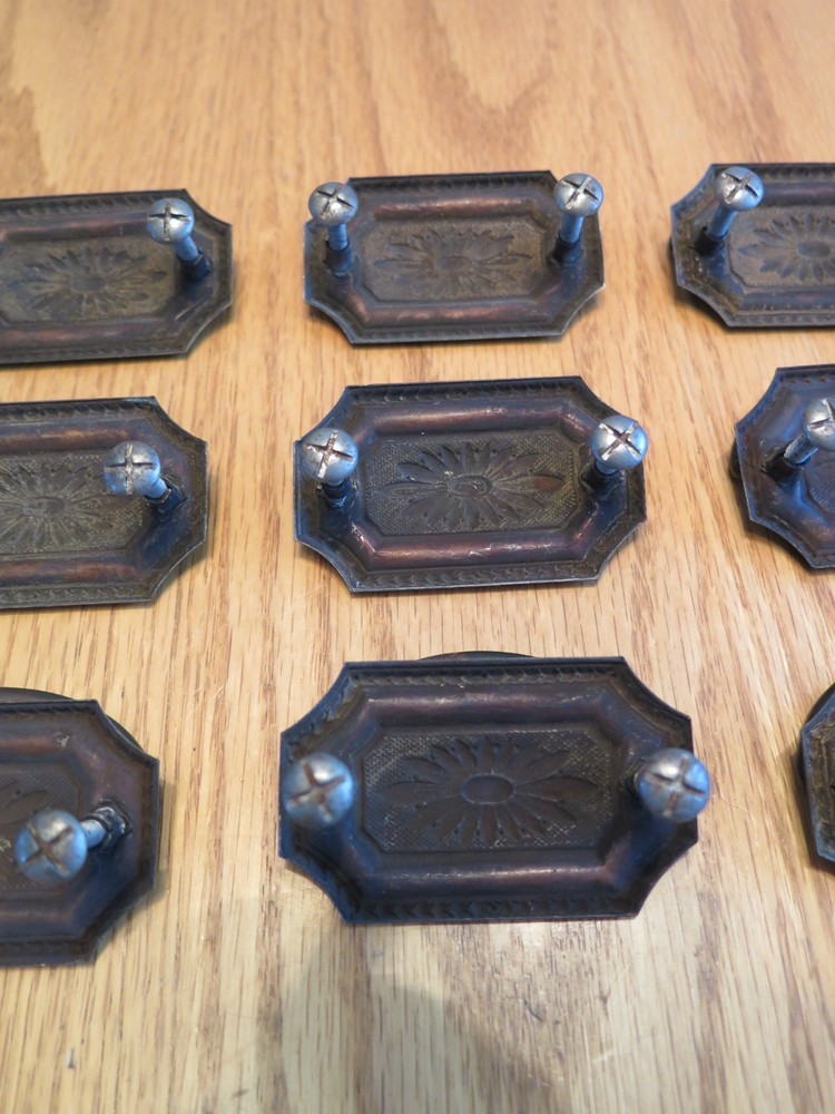 Antique Brass Tone Drawer Pulls Drop Pulls - Set of 9