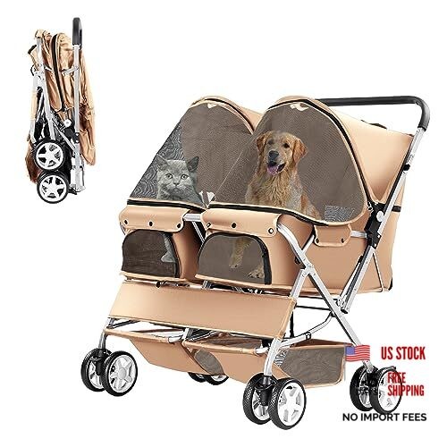 Double Pet Stroller, Foldable Stroller for 2 Dogs & Cats, Two-Seater Beige