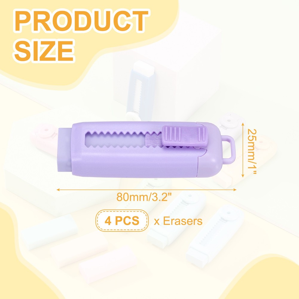 4Pack Erasers, Sliding Retractable Eraser Push Pull Cute Pencil Erasers, Purple