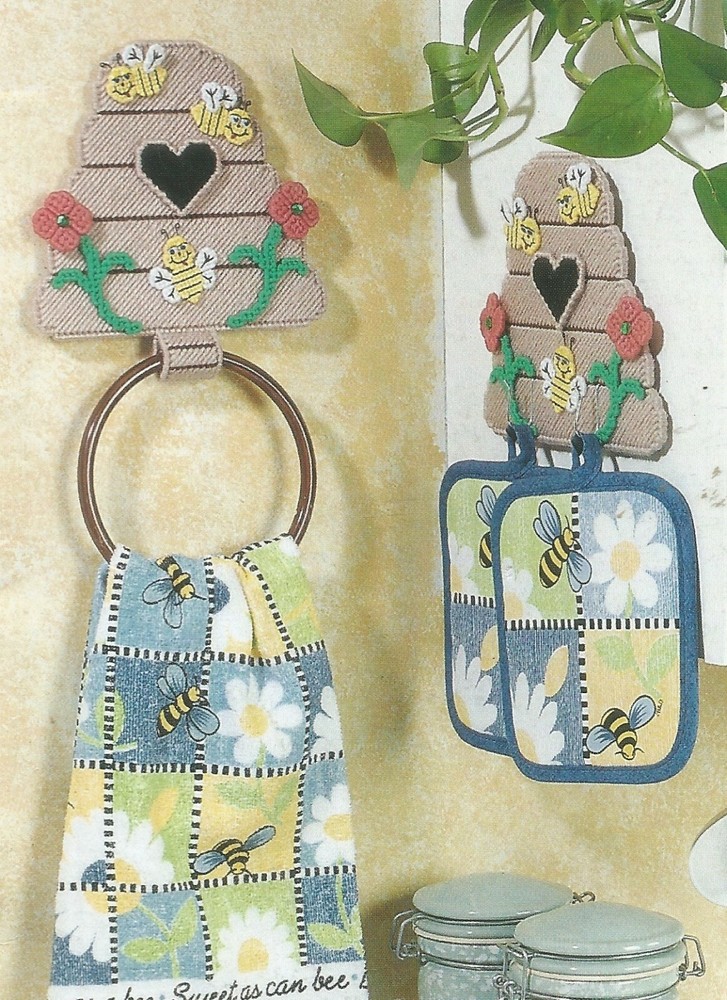 Plastic Canvas Patterns Busy Bee Kitchen Set Note Napkin Holder Towel Hanger E82