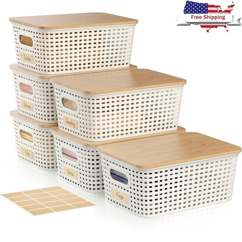 Stackable Plastic Storage Bins W/ Bamboo Lid 5Qt Organizing Baskets 6 Pack New