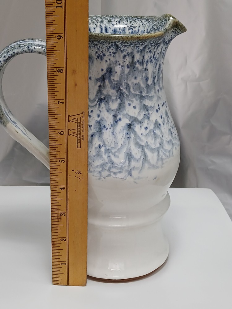 Pitcher Earthenware Pottery Handled White Blue Drip Glaze 9in