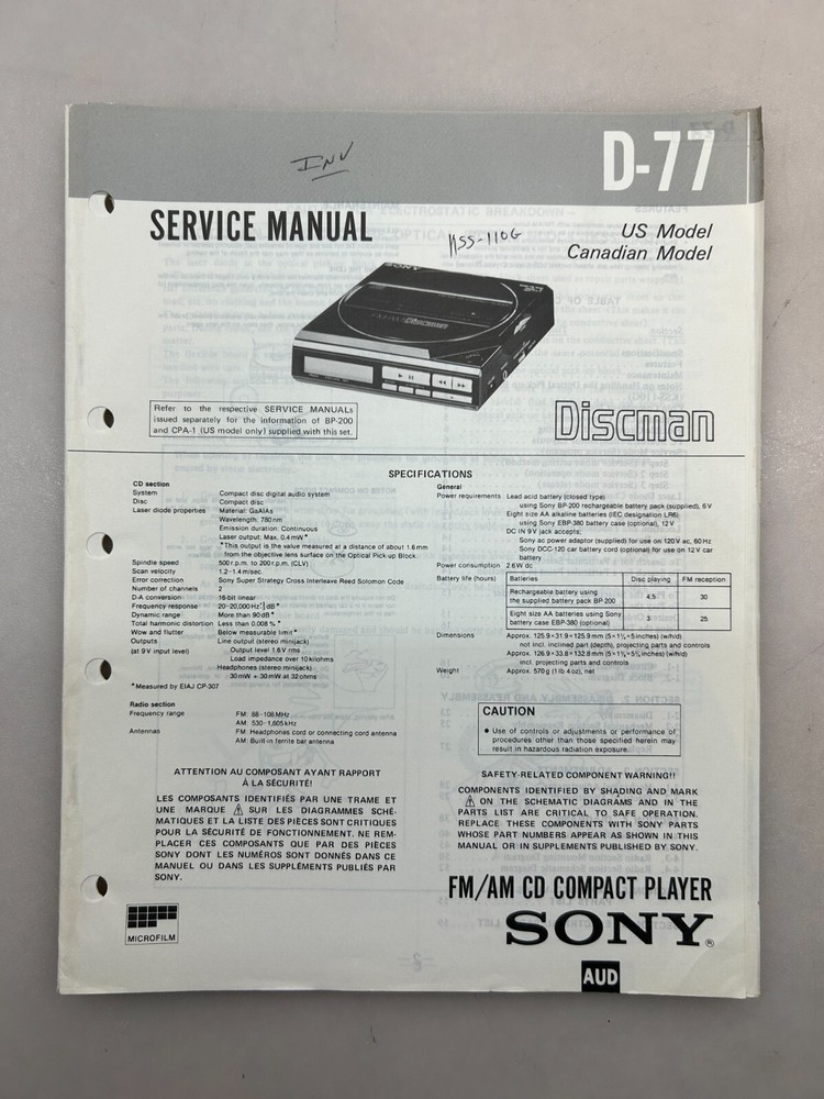 Sony D-77 Original Service Manual Free Shipping