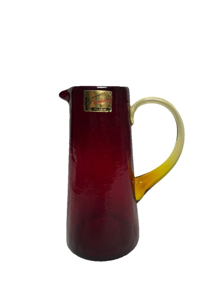 Vintage Pilgrim Glass Crackle Glass Mini Pitcher Ruby Red With Yellow Handle
