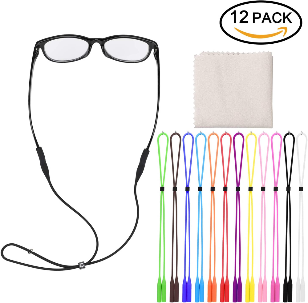 Adjustable Eyeglasses Strap Eyewear Retainer 12 Pack with Glasses Cleaning Cloth