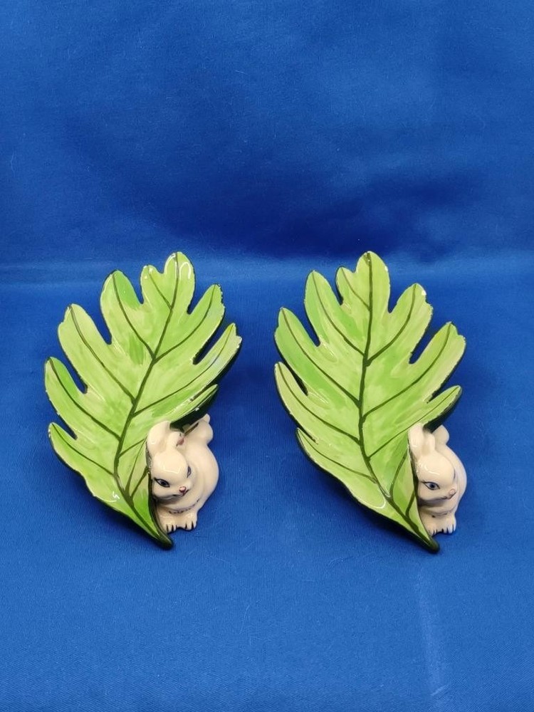 Vtg Atlantic Mold Set 2 Ceramic White Bunny Leaf Trinket Candy Dishes Easter '65