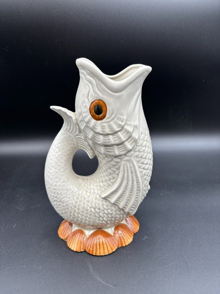 Fitz & Floyd "KOI FISH & SHELL" Ceramic Pitcher ~ 9" Tall