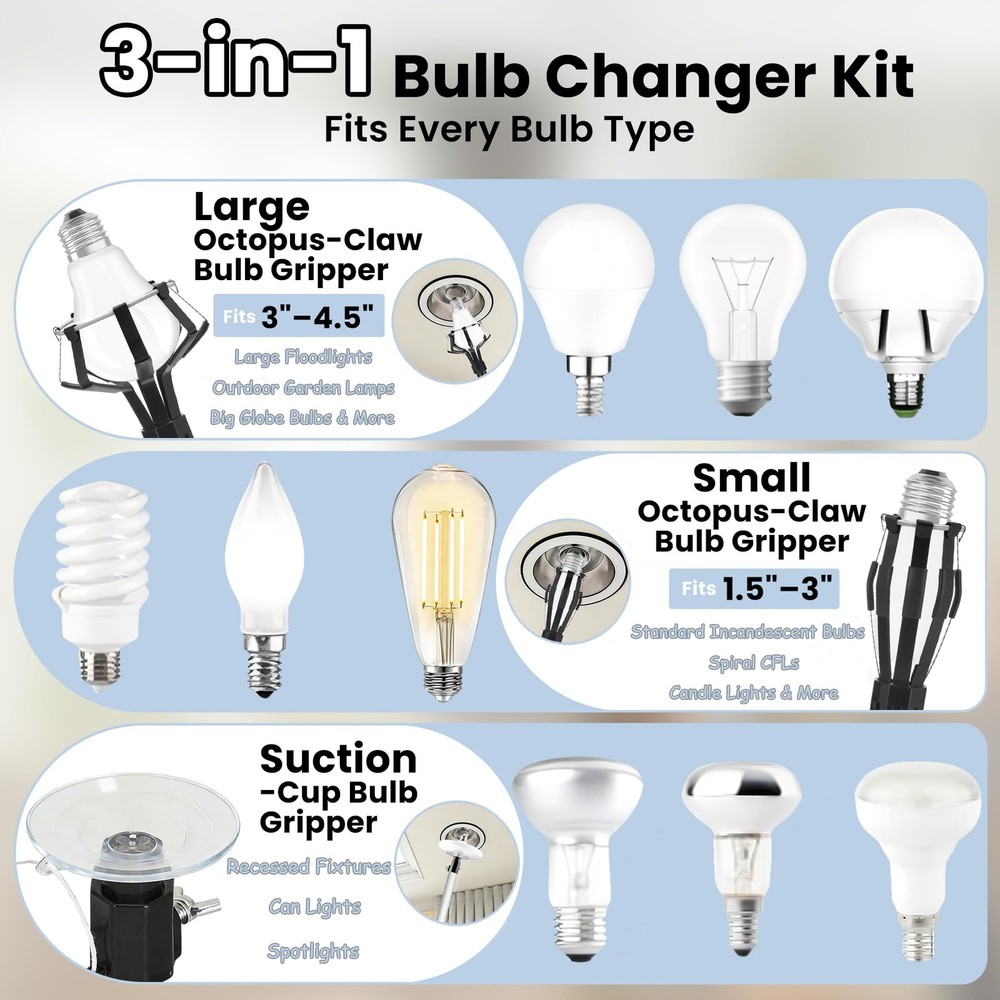 12Ft Light Bulb Changer for High Ceilings Lightweight Extension Pole with Bas...