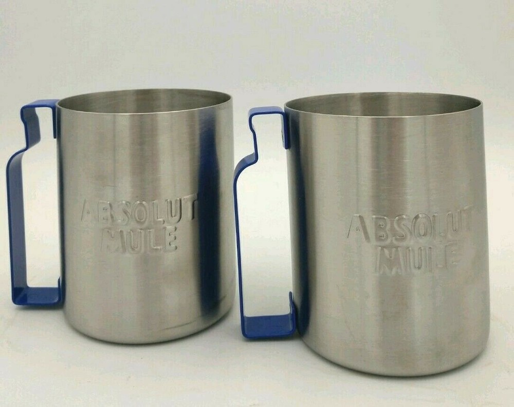 ABSOLUT Vodka Silver Tin Cup Embossed with Absolute Mule Blue Metal Handle
