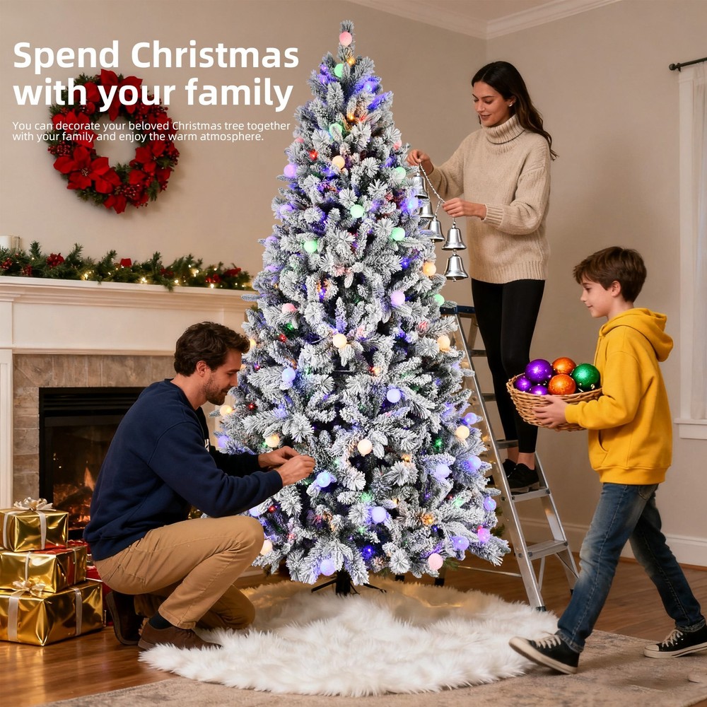 7.5 FT Snow Flocked Artificial Christmas Tree &10 Lights Modes 400 Multi-Color