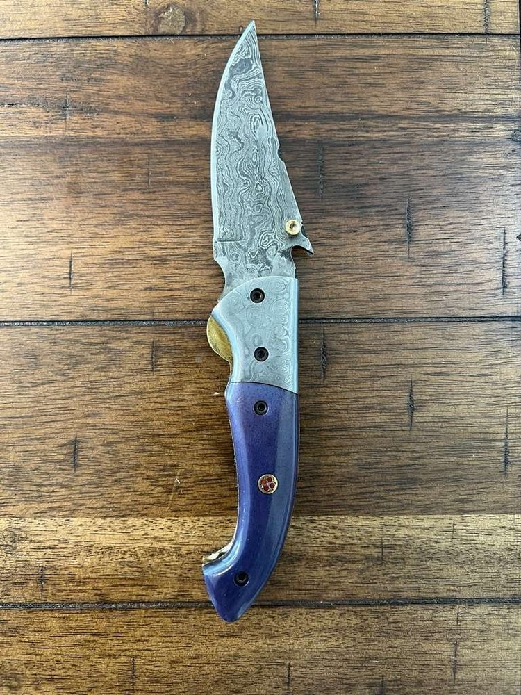 CUSTOM HANDMADE DAMASCUS COLORED CATTLE BONE HANDLE FOLDING KNIFE W/ SHEATH 29