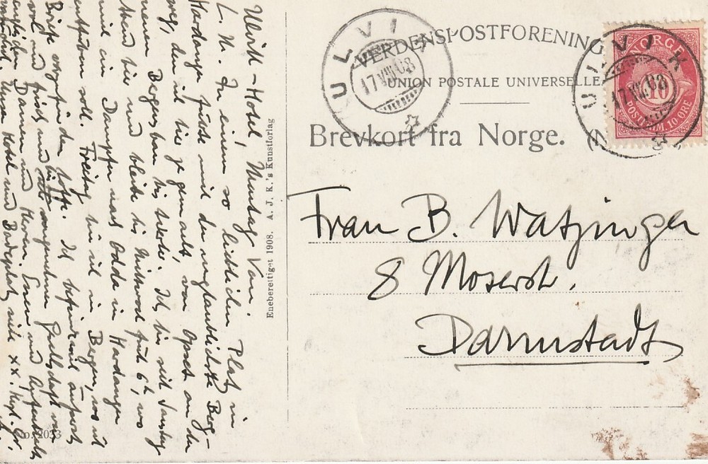 NORWAY: Postcard Ulvik to Denmark 1902.