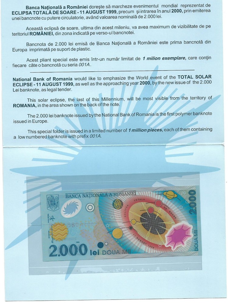 2000 lei Banknote - Total Solar Eclipse 1999, Europe The First Polymer Banknote