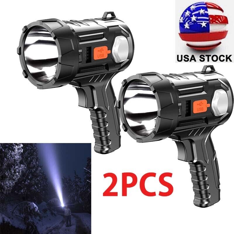 2PCS Solar/USB Super Bright Rechargeable LED Spotlight Flashlight Searchlight