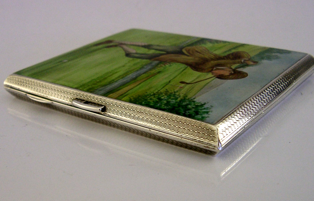 SAMPSON MORDAN STERLING SILVER ENAMEL HAND PAINTED GOLF CIGARETTE CASE 1933