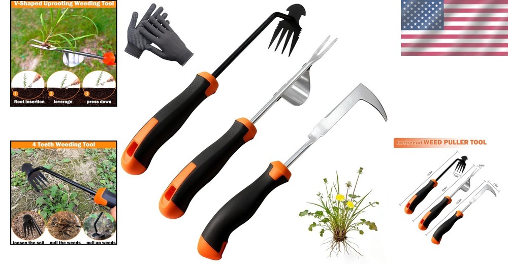 Versatile Garden Weed Puller Set - V Shape, 4 Teeth & L Shape Tools Included