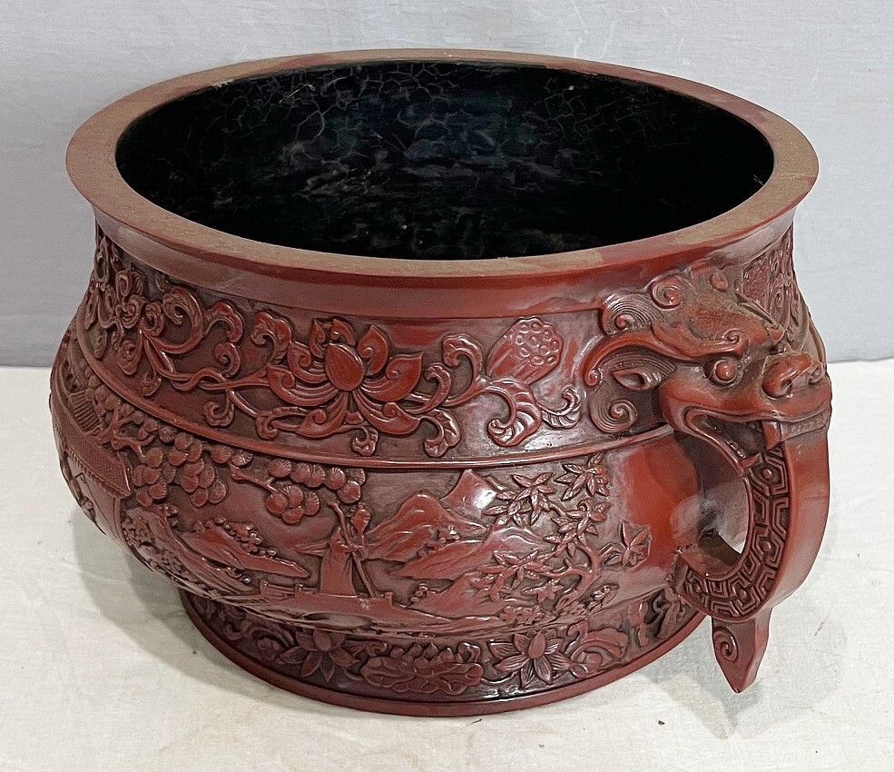 Large Modern Chinese Red Lacquerware Incense Burner With Mark M4010