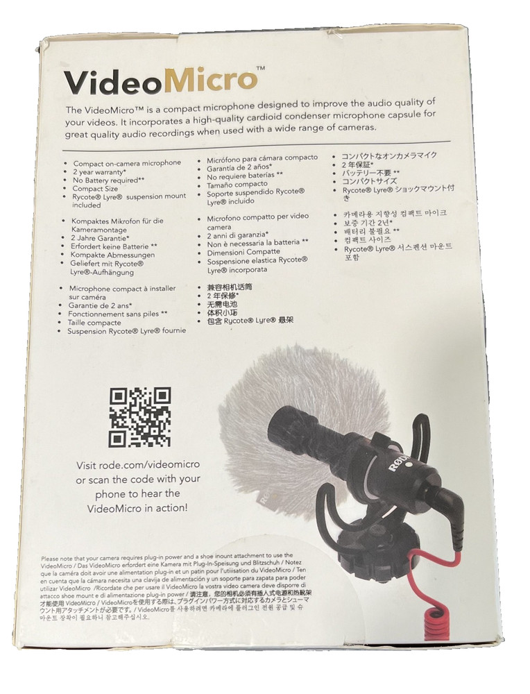 Rode Microphones VideoMicro Compact On-Camera Microphone New Unopen Box