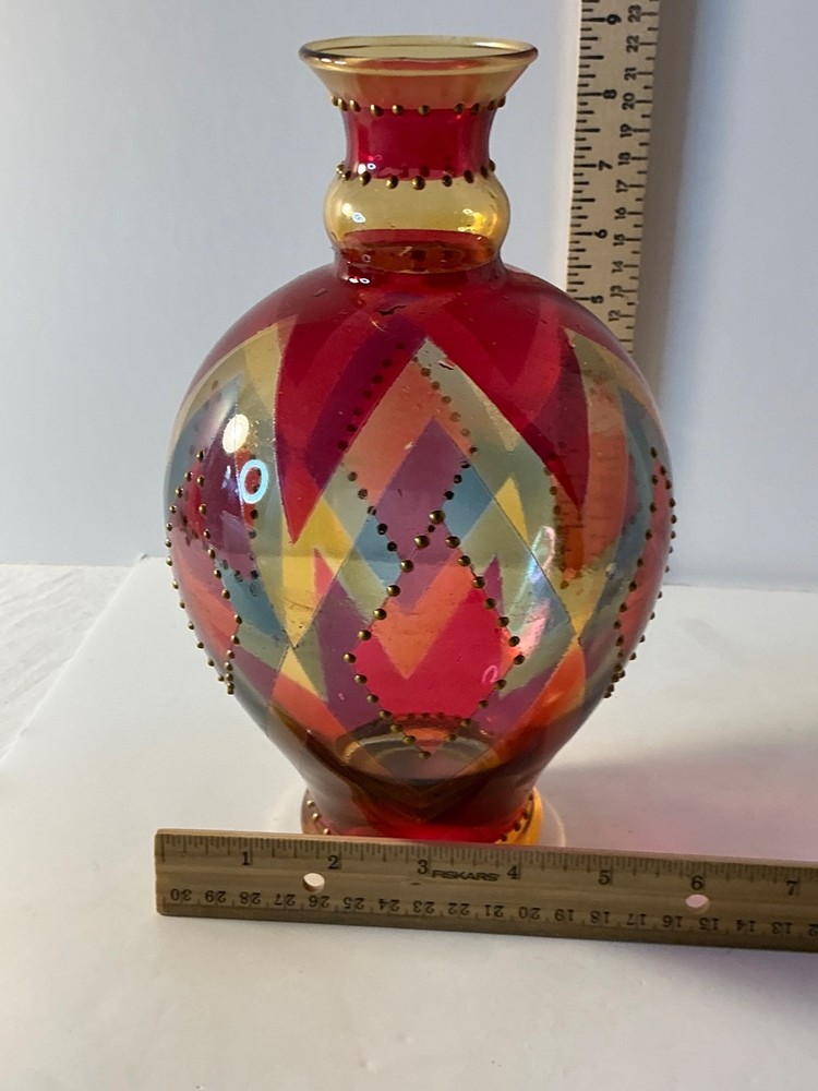 Multicolored diamond pattern vase 9”