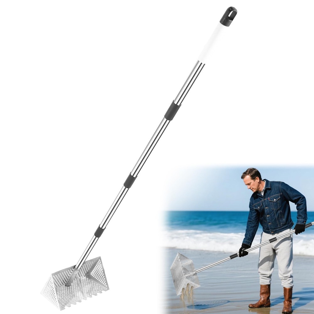 Sand Flea Rake, Long Handle Sifter with 65-Inch Pole - Stainless Silver