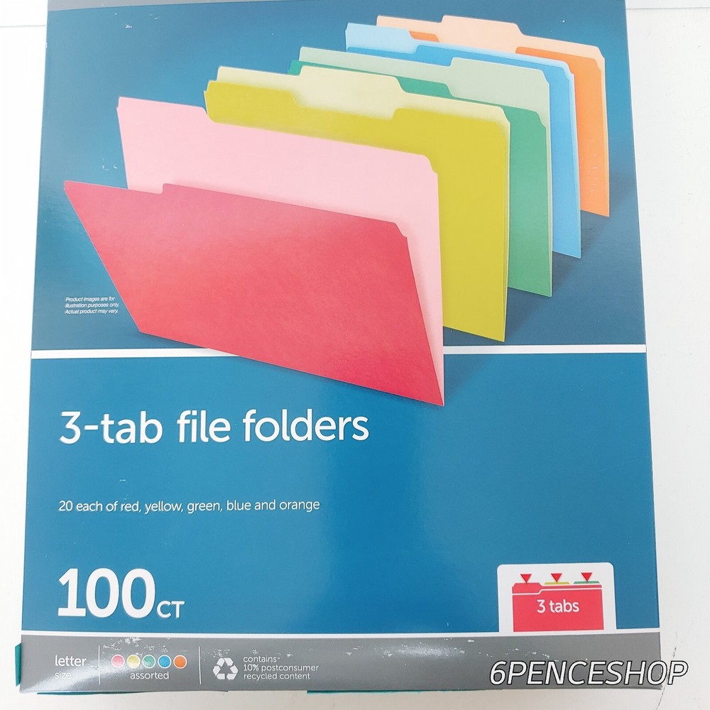 3-Tab File Plastic Folders Assorted Letter Size 100CT