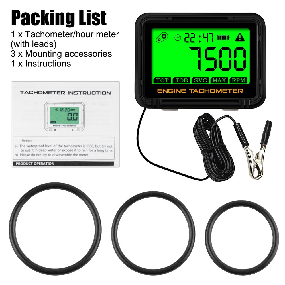 LCD Digital Engine Hour Meter Inductive Tachometer Gauge For Motorcycle Car Boat